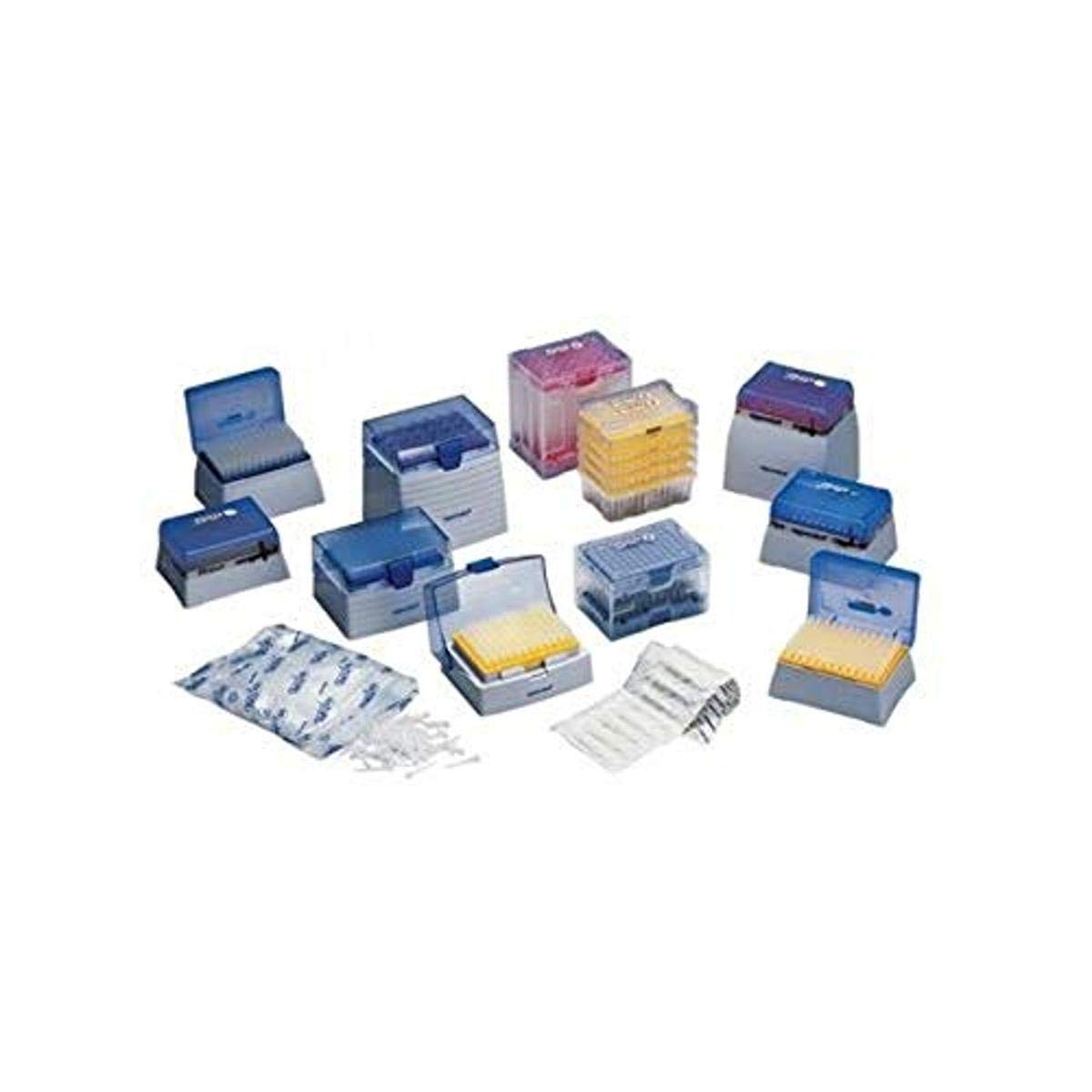 Eppendorf pipette tips in various sizes on a lab bench
