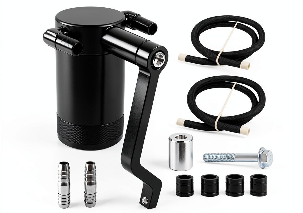 QBselecar oil catch can installed in a Dodge Challenger engine bay